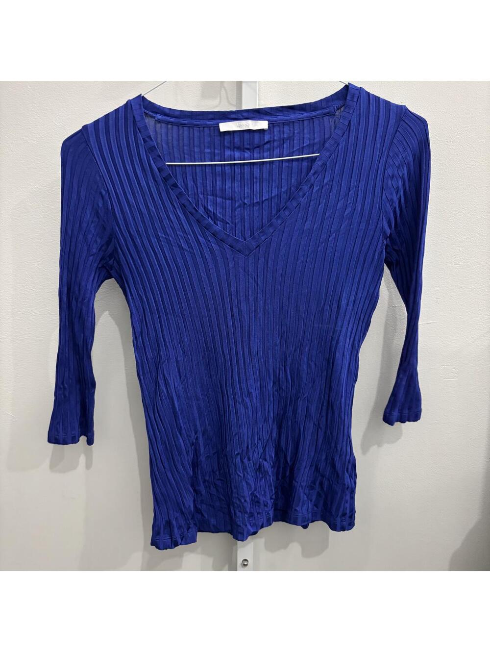 Blue Ribbed V-Neck Long Sleeve Top